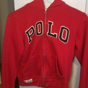red polo hoodie.